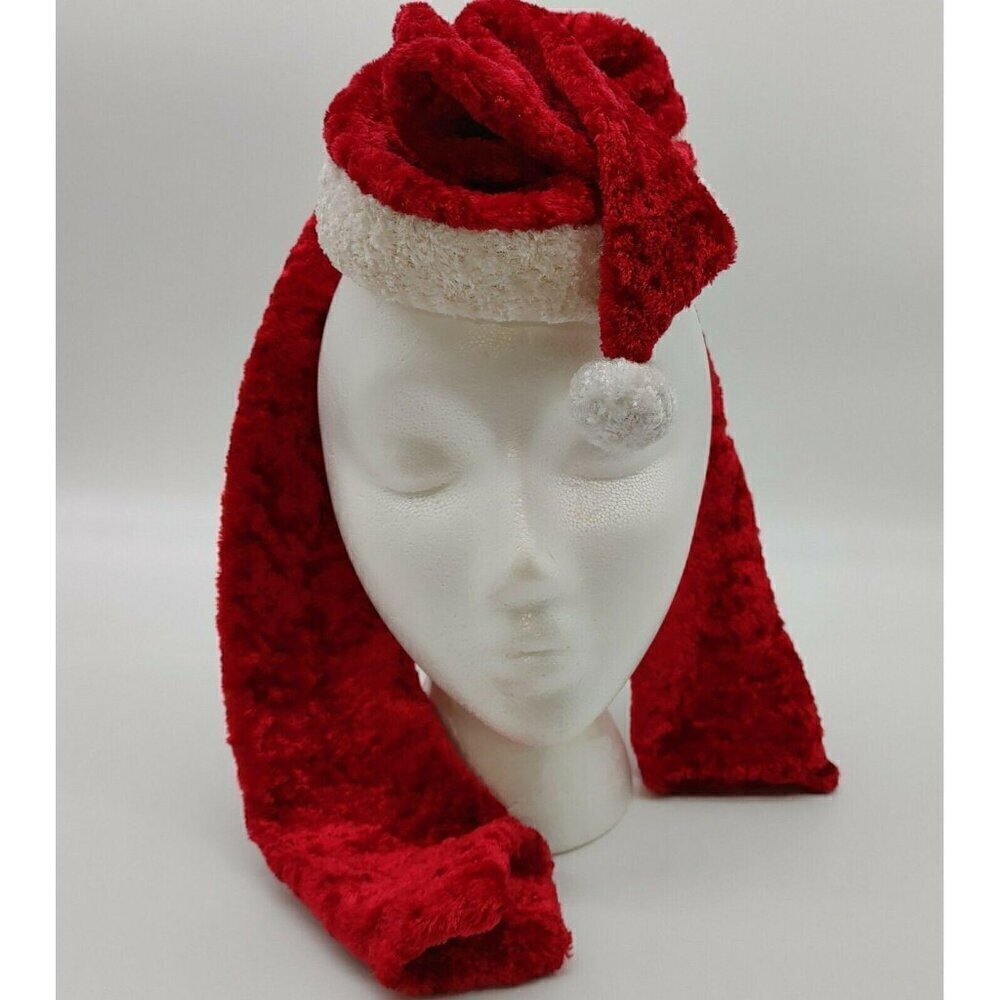 Unisex Kids Red Winter Fleece White Trim Santa Hat With Attached Muffler Scarf